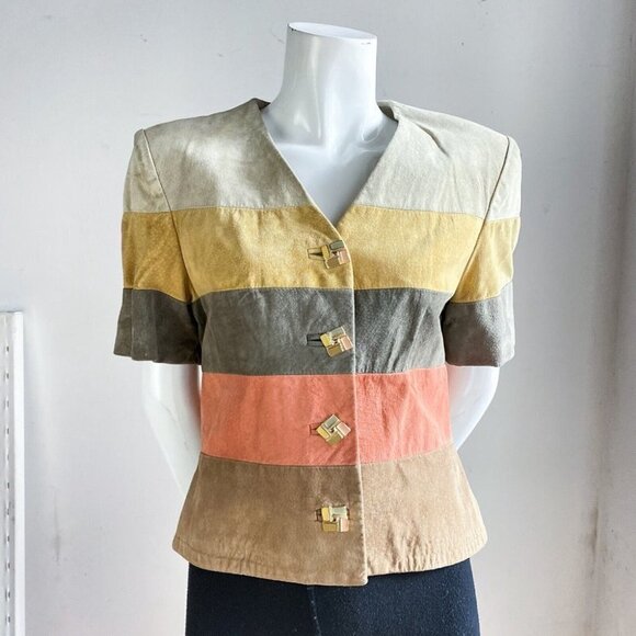 Vintage Earth Tones Colourblock Suede Button Down Cropped Short Sleeve Jacket S - Picture 2 of 7